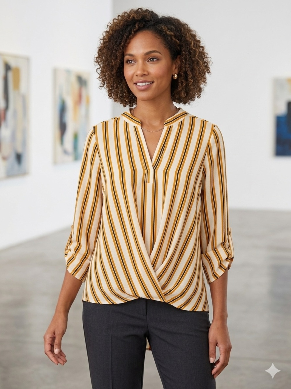 NY Collection Mustard Striped V-Neck High-Low Blouse - Large